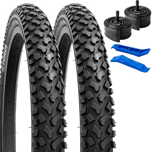 YunSCM 2er-Pack 60TPI Faltbarer 26 Zoll Reifen 26x2.125 Plus 2er-Pack 26 Zoll Schlauch AV32mm Ventil kompatibel 57-559 26x2.10 26x2.125 26x2.25 Fahrradreifen und schlauche