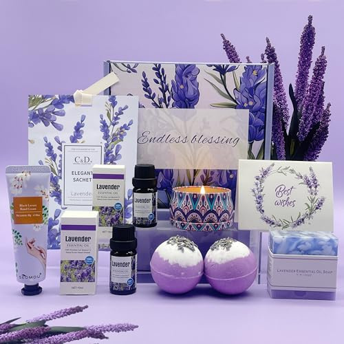 Pamper Birthday Gifts for Women,Unique Friend Gifts for Her, Lavender Self Care Get Well Soon Sleepwell Gifts Set for Mum Sister Wife, Spa Bath Set Bath Bomb Candle Present, Easter Gifts Box
