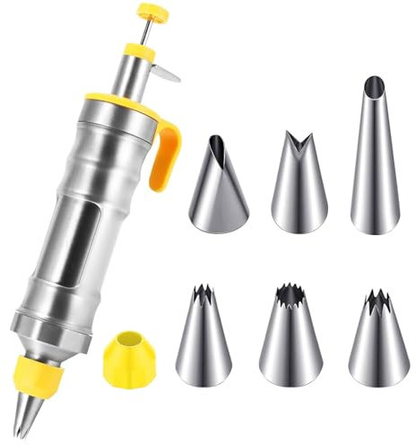 TAKUZA Siringa per guarnire, in acciaio inox, professionale, per decorare torte con 6 beccucci, con contenitore trasparente, per dolci, cupcake