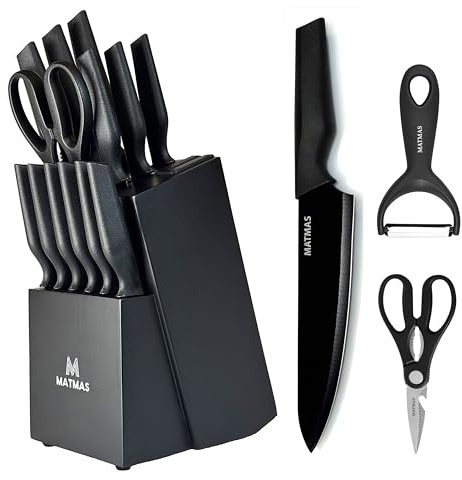 MATMAS Kitchen Knife Set with Block, 15 Pieces with Built-in Sharpener, Carbon Stainless Steel Knives, Culinary Excellence
