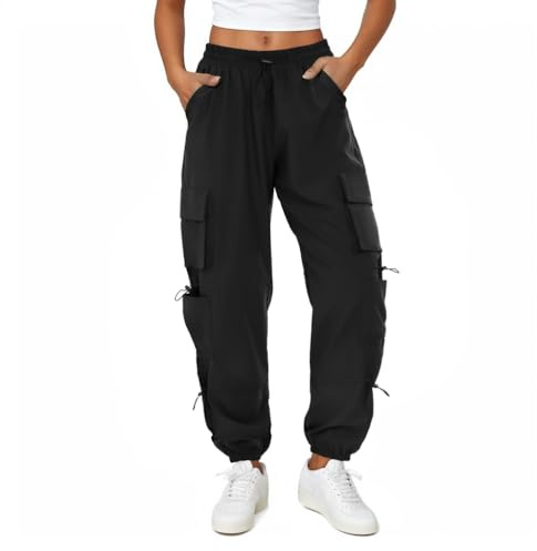 COPYLEAF Womens Parachute Cargo Pants with Pockets Quick Dry Hiking Pants Lightweight Water-Resistant Baggy Joggers(Black M)