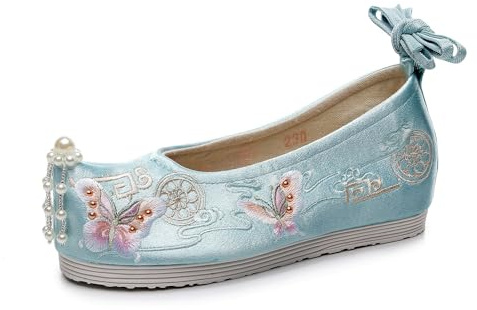 Chaussures À Fleurs Brodées Hanfu Pour Dames, Chaussures Traditionnelles Chinoises Avec Décoration De Perles Légères Et Décontractées Chaussures Augmentant La Hauteur Intérieure(Color:Green,Size:40 EU