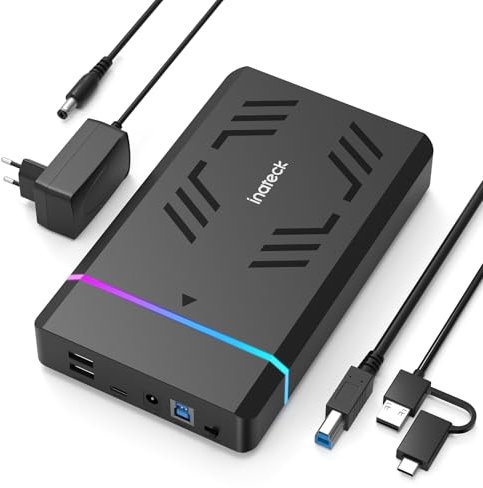 Inateck RGB 3.5 Zoll Festplattengehäuse, USB 3.0 Externes Festplattengehäuse für 2.5''/3.5'' SATA HDD und SSD, mit Erweiterungsanschlüssen und 12V/2A Stromadapter, unterstützt bis zu 20TB, FE3003