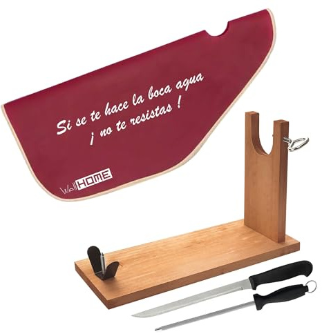 Jamonero de madera con herraje en V + Set de cuchillo jamonero (25cm) y Chaira (21cm) + Funda para jamón 'Tiberic'