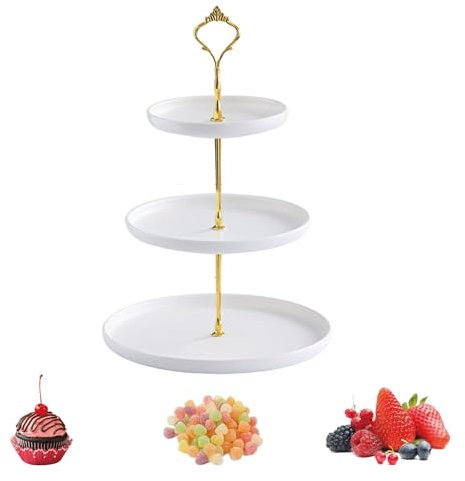 3 Tier Round Porcelain Tiered Cupcake Stand Ceramic Cake Stand Afternoon Tea Porcelain Round Display Dessert Stand Tiered Serving Stand 6+8+10 Serving Tray Platte for Wedding & Party (White)