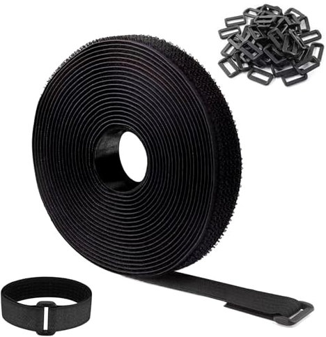 JIHXYER Serre-câbles auto-agrippants, 10 m x 2 cm, bande Velcro autocollante, avec 50 boucles, pour organiser les lignes de données, les câbles et autres objets, noir