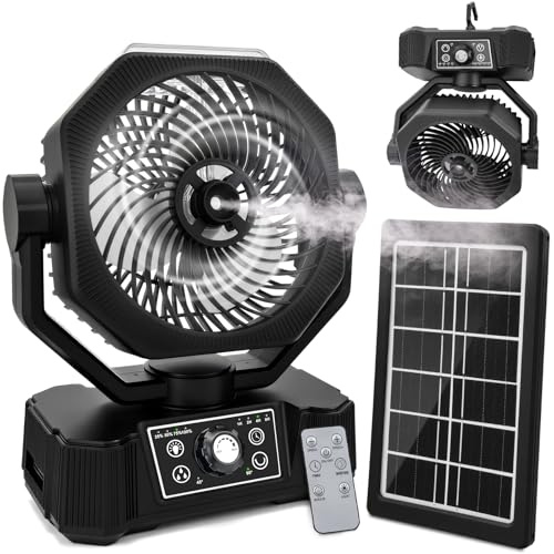 Campingfläkt med vattenkylning, solpanel, ljus, 12 000 mAh solfläkt utomhus, uppladdningsbar bordsfläkt, USB med krok, fjärrkontroll, fläkt, tyst för camping, resor, fiske