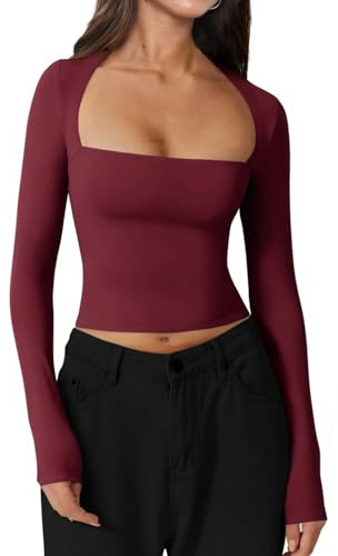 INFITTY Crop Tops for Women Basic Long Sleeve Y2k Tops Scoop Neck Slim Fitted T-Shirts Casual Top Blouse Wine-Red M