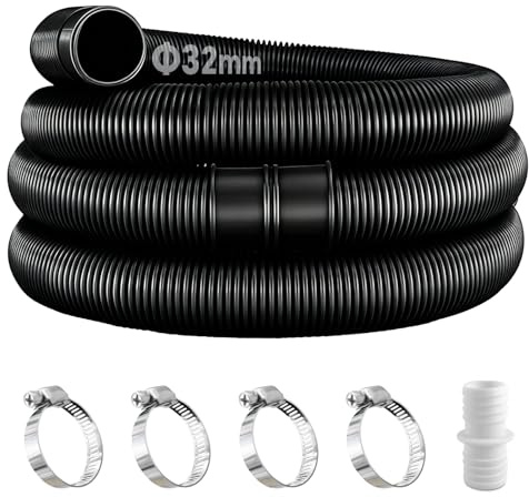 2pcs tuyaux de piscine noir de 32 mm pour pompes de piscine avec 4 clips de sécurité et 1 raccord de tuyau, tuyau de piscine de 150 cm et 32 mm, pour pompe à filtre et piscine