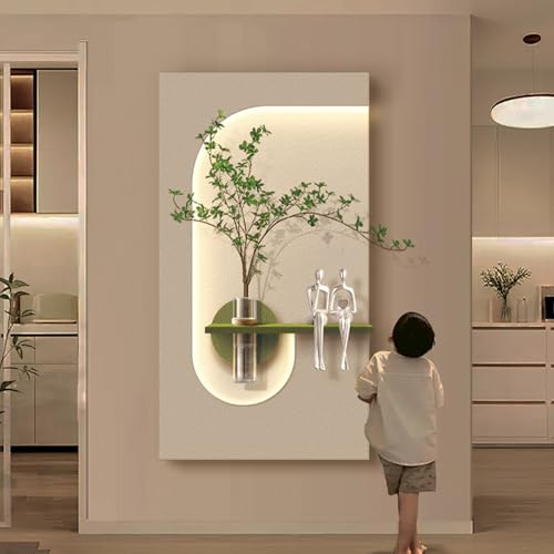 Escultura De Pared De Arenisca, arte de pared 3D con luz LED cálida, Escultura De Arte Mural Con Planta Artificial, para Entrada, Dormitorio, Sala de Estar, Pasillo(Beige B,40x75cm/15.7x29.5in)