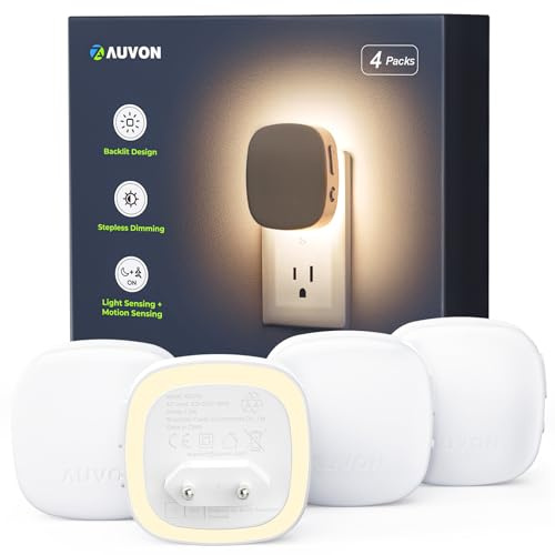 AUVON Nachtlicht Steckdose Hinterleuchtet mit Bewegungssensor und Dämmerungssensor, 4 Stück Night Light Warmweiß 1-50 lm Dimmbar, 8 Einstellbare Helligkeitsstufen für Kinder Flur Treppe Schlafzimmer