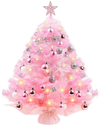 Albero di Natale piccolo 60 cm, mini albero di Natale rosa con illuminazione a LED, decorazione da tavolo, albero di Natale artificiale per cucina/soggiorno/cameretta dei bambini/ufficio