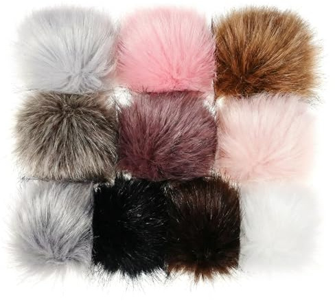 Grevosea 10 Pcs Faux Fur Pom Poms for Hats, Pompoms for Crafts Fluffy Pompom Balls with Elastic Loop Puff Balls for Beanie Shoes Scarves Gloves Bags Detachable Knitting Accessories