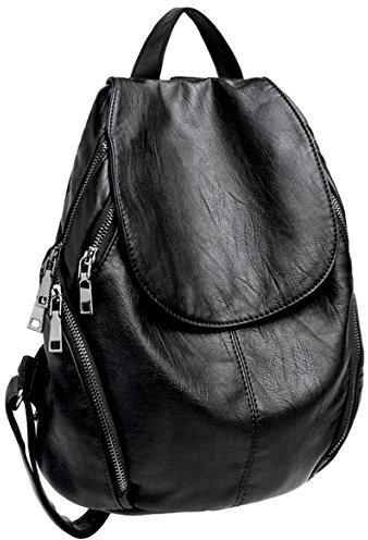 UTO Women Backpack Flap Daypack Anti Theft Shoulder Bag Vegan Friendly Washed Leather, 231_black Oversize, Large