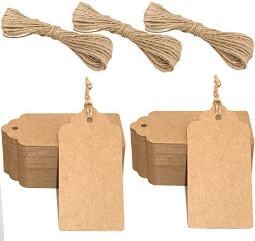 G2PLUS Kraft Paper Gift Tags - 200PCS Large Plain Gift Tags -5x10CM Brown Blank Labels with String for Presents, 300g/m²