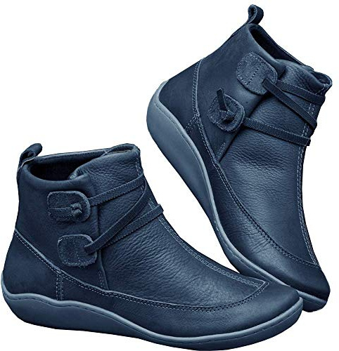 Women's Comfortable Arch Support Boots Soft Leather Flat Ankle Boots Comfy Slip On High Top Walking Shoes Blue 5 UK