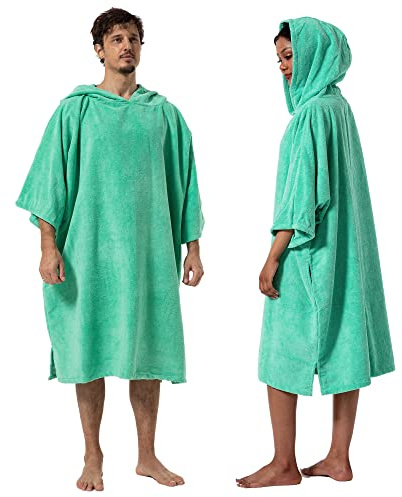 Winthome Poncho Absorbant Chaud, Peignoir de Bain Aidez la Plage à Changer, Serviette de Poncho avec Poche et Capuche, Poncho Surf pour Adulte Femme Homme Natation Surf Plages Douche Sauna (Vert,M)