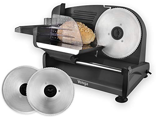 Venga! Electric Food Slicer, 1 Serrated Blade For Bread, 1 Smooth Blade for Cooked meats and Vegetables, thickness adjustment from 0 to 15mm, Removable Carriage, 200W, Black, VG AS 3005 BK BS