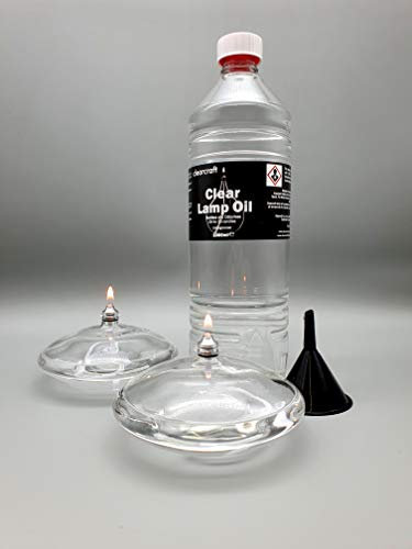 CLEARCRAFT 2 X 11cm Diameter Hand Blown Glass Oil Candle Lamps Plus One Litre Of Odourless Sootless Lamp Oil With Free Funnel
