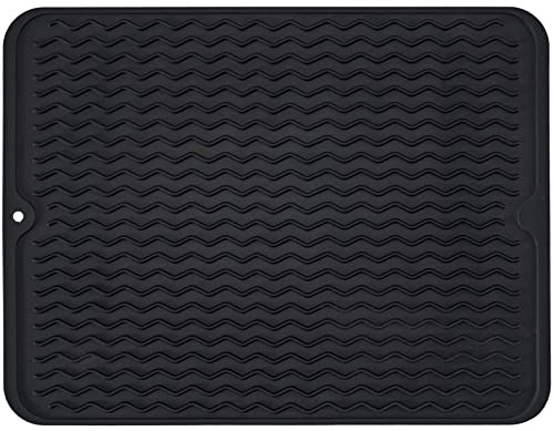 Silicone Dish Drying Mat, Non-Slip Easy Clean Sink Mat Large Heat-resistant Dish Drainer Mat for Kitchen Counter, Sink, Refrigerator or Drawer liner (16 x 12, BLACK)