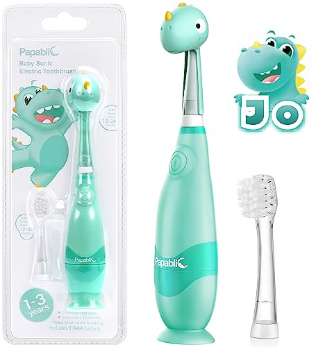 Papablic Baby Sonic Elektrische Zahnbürste, Kleinkind Zahnbürste für Alter 1-3 Jahre mit niedlicher Dino Abdeckung und Smart LED Timer (Jo)