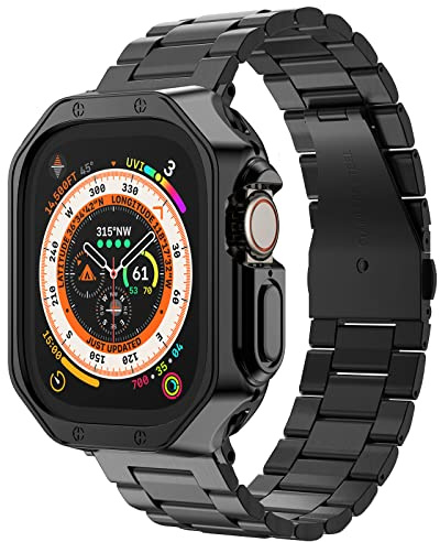 Armband med skyddsskal för Apple Watch Ultra 3/2/1, länkar i rostfritt stål, TPU-skal, länkarmband för smartklocka, för män, för Apple Watch Ultra, 49 mm, svart