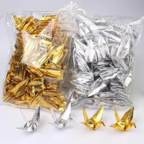 100PCS Premade 3.94 Silver Iridescent Origami Paper Cranes Folded 1000 Japanese Cranes Mobile String DIY Doves Garland for Valentine's Day Wedding Party Backdrop Decorations Birds Confettis