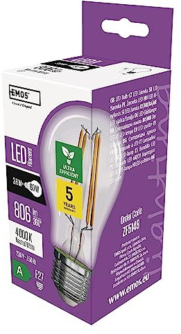 EMOS LED Lampe Edison A60, 3,8W Ersatz für 60W Glühbirne, A Klasse Vintage-Birne mit E27 Sockel, Helligkeit 806 lm, Neutralweiß 4000 K, extra lange Lebensdauer 50000h, CRI min. 80, 300° Abstrahlwinkel