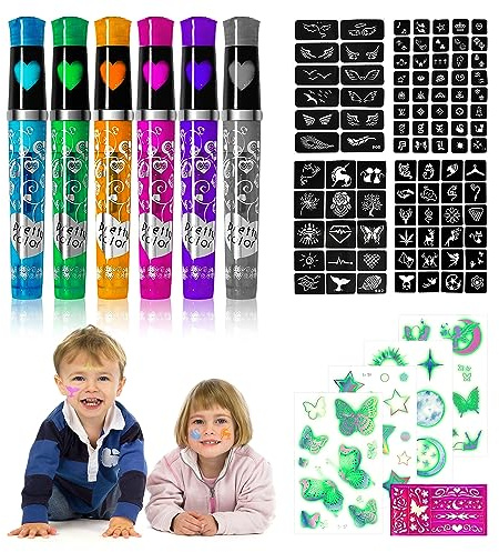 Clundoo 6PCS Stylos Tatouage Enfant, Stylos Gel à Paillettes Tatouage Kit, Set Tatouage Pailleté avec 5 Pochoir Tatouage et 4 PCS Autocollants Fluorescents, pour Anniversaire, Halloween, Carnaval