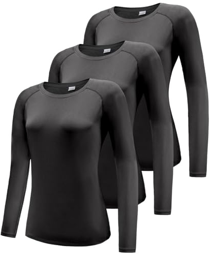 3er Pack Funktionsshirt Damen Langarm, UPF 50+ Sonnenschutz Schnelltrocknend Funktionsshirt Laufshirts, Atmungsaktiv Langarmshirt Sportshirt Workout Sport Oberteil Yoga Shirts Black 3P07-2XL