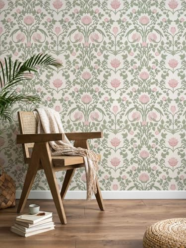 YXTII Floral Wallpaper Peel and Stick - 393.7 × 17.3 Pink and Green Wallpaper for Bedroom Decorative Self Adhesive Shelf Drawer Liner