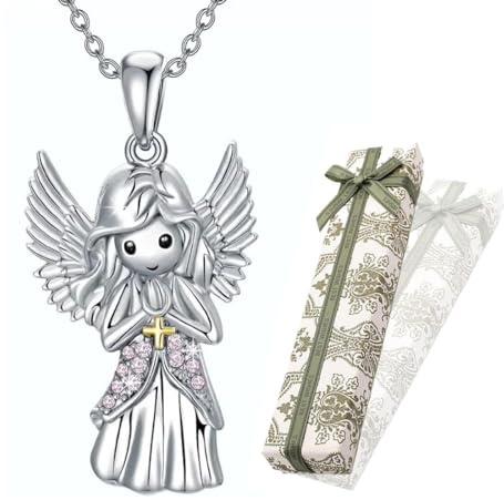 KSJEHW Cadena de ángel de la guarda de plata, colgante de ángel con cristales, bautizo, comunión, regalos de cumpleaños para niñas y niños Con caja de regalo(1)