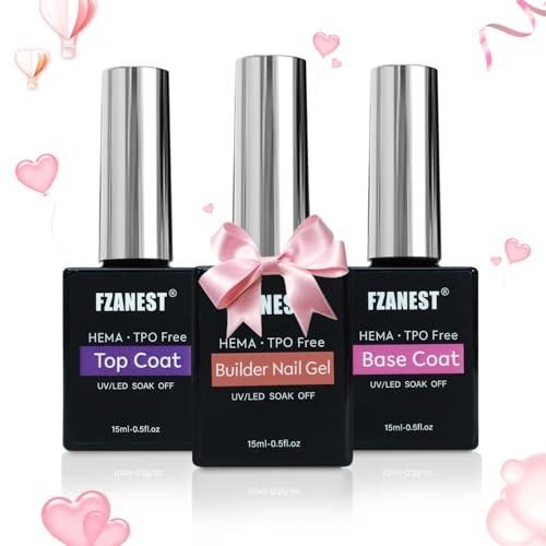 FZANEST HEMA & TPO-Free Builder Nail Gel With Top and Base Coat, 15ml * 3pcs Gel Polish Kit for Nail Strengthening Apex Extension Soak Off No Wipe Top Finish Base LED Lamp Cured
