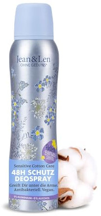 Jean & Len Deodorante spray Sensitiv Cotton Care, fornisce fino a 48 ore di protezione deodorante affidabile, cura sensitiva, antibatterica, senza alluminio (ACH) e alcool, vegano, 150 ml