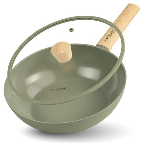 Römertopf Wok 28 cm con Coperchio in Vetro – Alluminio con Rivestimento Antiaderente in Ceramica Svizzera ILAG – Resistente ai Graffi – Induzione, Gas ed Elettrico – 3,52 L – Verde