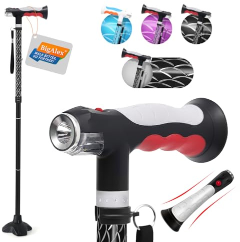 BigAlex Bastone per Anziani con Doppia Luce LED, Bastone da Passeggio Pieghevole Regolabile in Altezza, Base Antiscivolo, Supporto per Camminata Stabile, Ausilio Portatile per Anziani