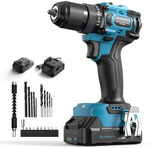 Tilswall 20V Cordless Drill, Power Drill with 65N.m High Torque, 18+1 Torque Settings, 1/2-Inch Keyless Chuck, Two Variable Speed, Battery and Charger, with LED for Craftsmen DIY