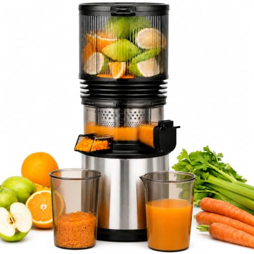 AMZCHEF Entsafter - Slow Juicer mit 158 mm großem Einfüllschacht für Ganze Gemüse und Obst, leicht zu reinigen, Kaltpress-Entsafter mit Saft- und Tresterbecher, hohe Saftausbeute, Silber/Schwarz