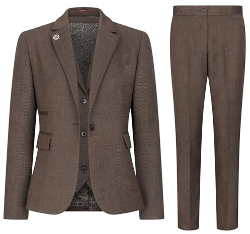 Women's 3 Piece Tweed Suit Brown Herringbone Pattern Tailored Fit Business Formal Ladies Dress