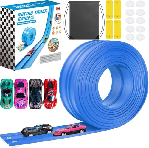 4.5 Meter Flex Race Car Ramp Track with Suction Cups, Rolls Up Portable DIY Racetrack Compatible with Diecast 1/64th Cars Model, Birthday Gifts for Boys Girls