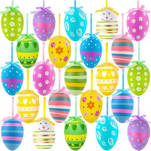 24 uova pasquali da appendere a forma di uovo di Pasqua, in plastica multicolore, decorazione per albero di Pasqua, uova dipinte a mano, decorazione fai da te con vari stili a strisce, fiori