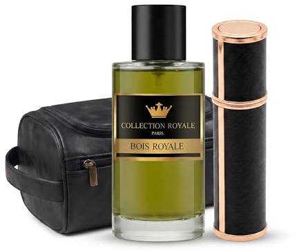 Collection Royale Paris Coffret Cadeau Homme, Eau de Parfum Bois Royale 50ml, Rechargeur Cuir Noir & Rose Gold 5ml, Trousse Toilette Cuir