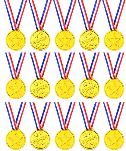 Fantasyon 15 PCS Plastic Gold Winners Medals, Kids Children's Party Award Medals with Neck Ribbons for Party Festival Sports Competition Toys Prizes Awards