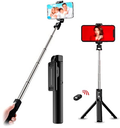 4-OK Palo Selfie Tripode para Movil. Selfie Stick Plegable. Tripode movil Giratorio Extensible. Palo Selfie Bluetooth con Mando movil. Compatible con iPhone Apple Samsung Xiaomi. Control Remoto Negro