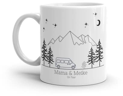 Mug de camping en émail personnalisable avec nom et camping-car, cadeau pour camper, van Bulli, extérieur (tasse en céramique) Blanc