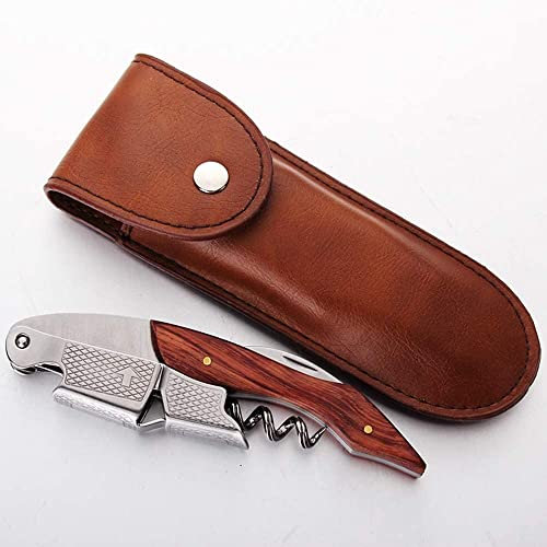 Cavatappi professionale in acciaio inox con custodia in pelle di qualità alberghiera e catering. Con apribottiglie e taglio capsula - Limonadier professionale, coltelli da sommelier. (Legno)