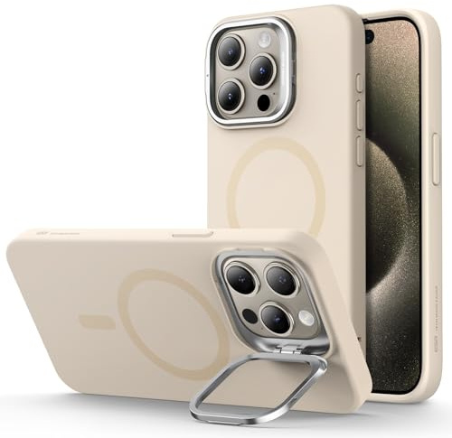 ESR for iPhone 15 Pro Max Case, MagSafe Silicone Case with Stand, Military-Grade Protection, Built-In Camera Stash Stand, Cloud Series, Light Tan