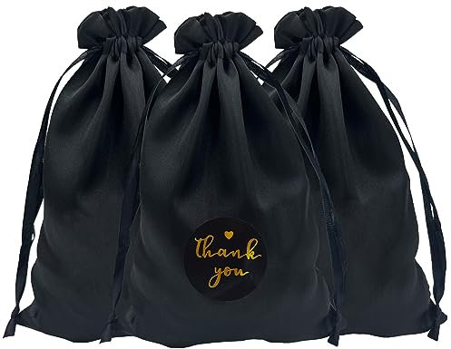 DUGYIRS 30 Stück Satin Schwarz Geschenktüten 12cmx20cm, Geschenk Taschen Schmuckbeutel Kordelzugbeutel für Babydusche Hochzeit Party Weihnachtsgeschenktüten