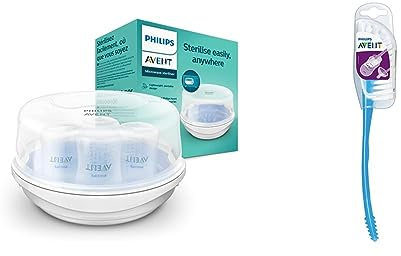 Philips Avent Mikrowellen Sterilisator, Dampf-Sterilisator für bis zu 4 Babyflaschen, Schnuller und Zubehör, weiß (Modell SCF281/02) & Avent Flaschen- und Saugerbürste (Modell SCF145/06)