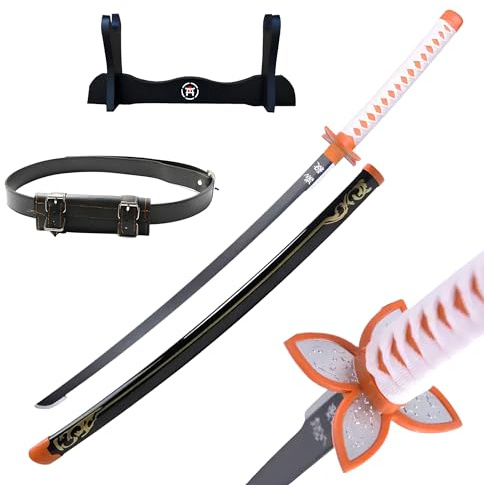 Hashiman - Katana Demon - Réplique Manga Sabre + Support Epée Bois + Ceinture - Catana Japonais Cosplay Décoration Jouet Enfant Adulte - Jeu Déguisement Deco Ninja (Shinobu)